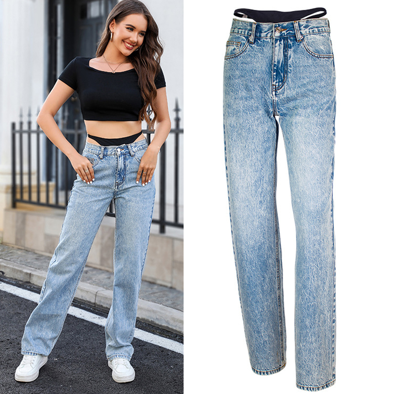 Streetwear Outfit Brand - Damskie jeansy imitujące dwuczęściowe szwy, proste